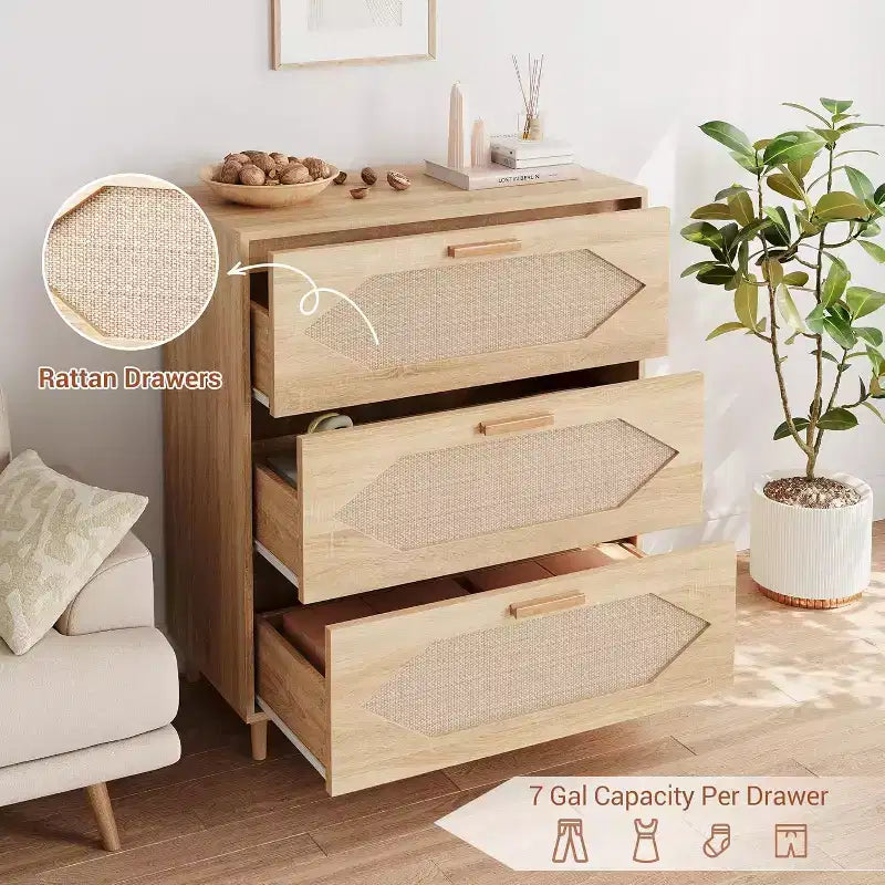 Commode 3 tiroirs en rotin COZONY, commode en chêne rustique avec façades tissées, meuble de rangement moderne pour chambre, salon ou entrée