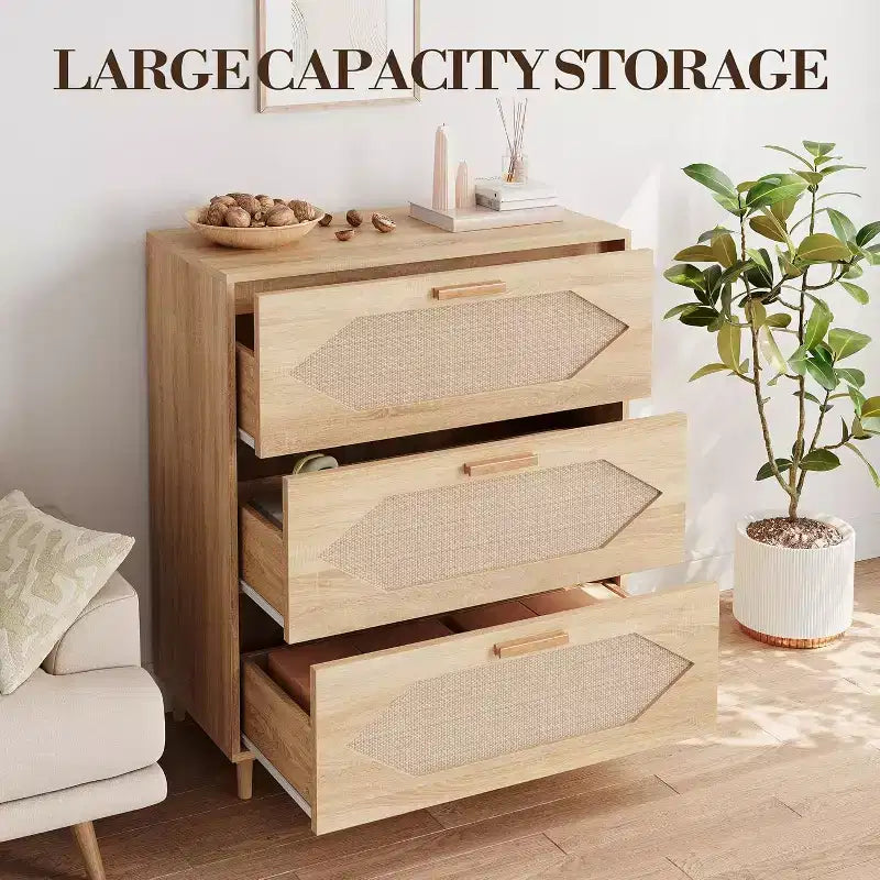 Commode 3 tiroirs en rotin COZONY, commode en chêne rustique avec façades tissées, meuble de rangement moderne pour chambre, salon ou entrée