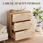 Commode 3 tiroirs en rotin COZONY, commode en chêne rustique avec façades tissées, meuble de rangement moderne pour chambre, salon ou entrée