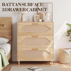 Commode 3 tiroirs en rotin COZONY, commode en chêne rustique avec façades tissées, meuble de rangement moderne pour chambre, salon ou entrée