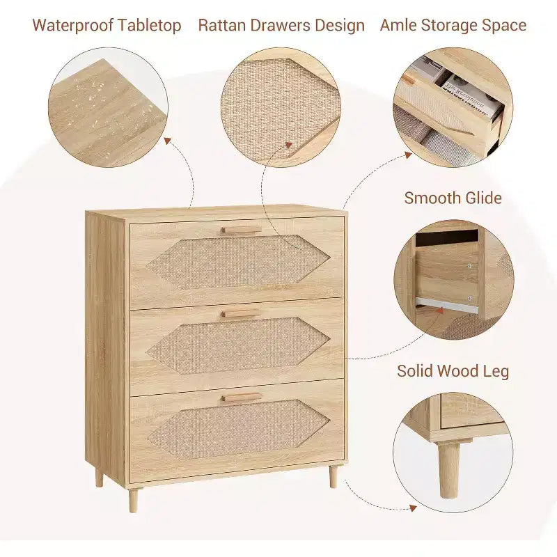 Commode 3 tiroirs en rotin COZONY, commode en chêne rustique avec façades tissées, meuble de rangement moderne pour chambre, salon ou entrée