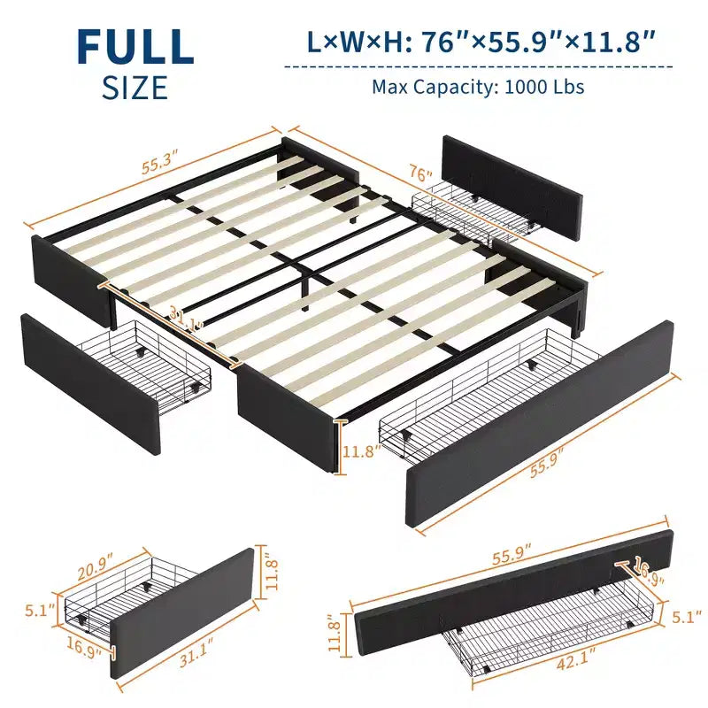 COZONY Cadre de lit avec 3 tiroirs de rangement, lit plateforme rembourré en tissu avec lattes en bois, aucun sommier tapissier requis, montage facile, gris