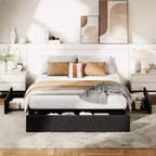 COZONY Cadre de lit avec 3 tiroirs de rangement, lit plateforme rembourré en tissu avec lattes en bois, aucun sommier tapissier requis, montage facile, gris