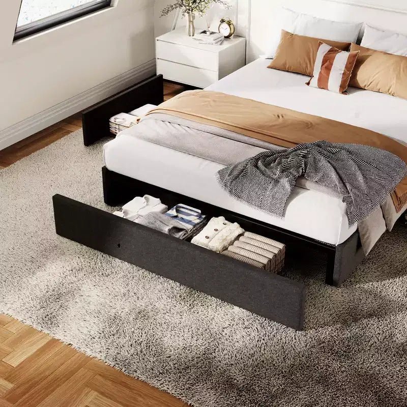 COZONY Cadre de lit avec 3 tiroirs de rangement, lit plateforme rembourré en tissu avec lattes en bois, aucun sommier tapissier requis, montage facile, gris