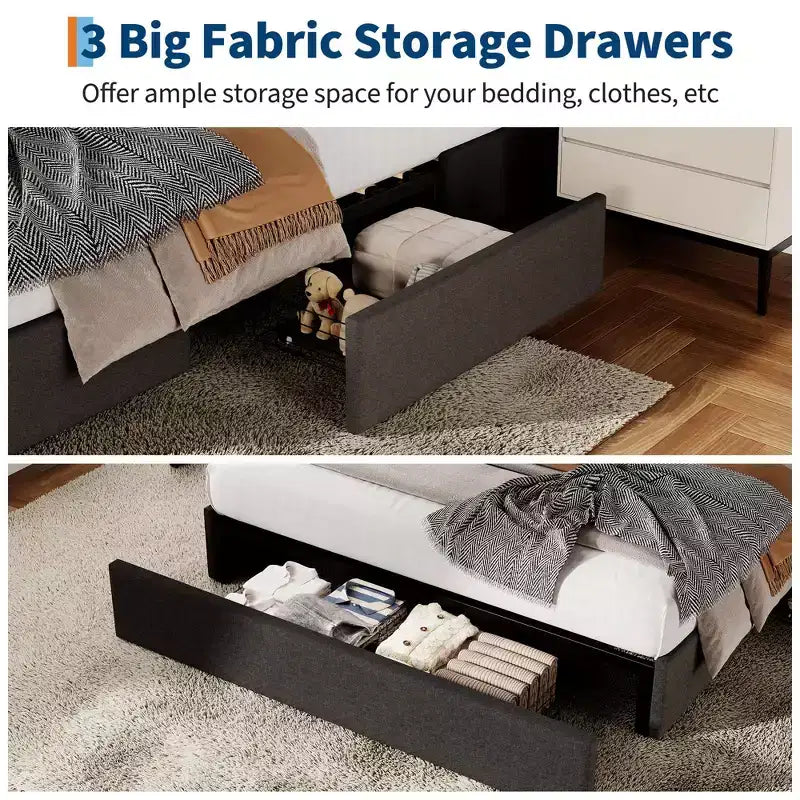 COZONY Cadre de lit avec 3 tiroirs de rangement, lit plateforme rembourré en tissu avec lattes en bois, aucun sommier tapissier requis, montage facile, gris
