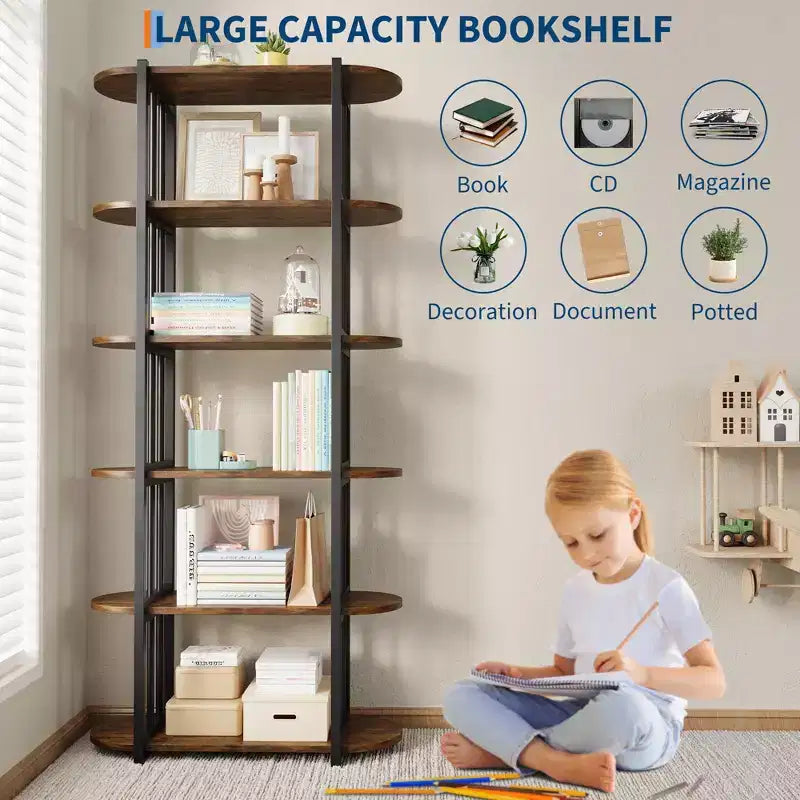 Étagère industrielle à 6 niveaux – Bibliothèque de 180 cm de haut avec cadre en métal et étagères en MDF, étagère de rangement autoportante pour salon, chambre, maison