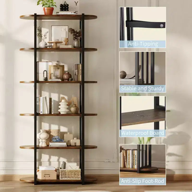 Étagère industrielle à 6 niveaux – Bibliothèque de 180 cm de haut avec cadre en métal et étagères en MDF, étagère de rangement autoportante pour salon, chambre, maison