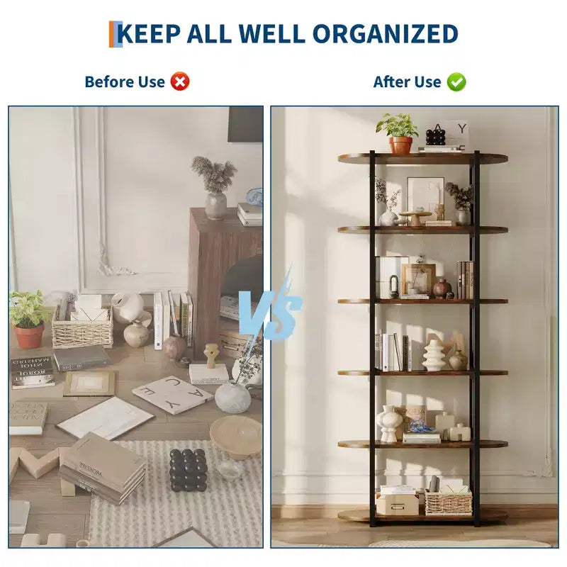 Étagère industrielle à 6 niveaux – Bibliothèque de 180 cm de haut avec cadre en métal et étagères en MDF, étagère de rangement autoportante pour salon, chambre, maison