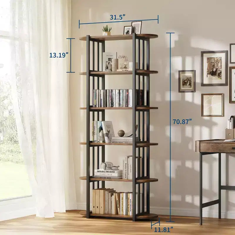 Étagère industrielle à 6 niveaux – Bibliothèque de 180 cm de haut avec cadre en métal et étagères en MDF, étagère de rangement autoportante pour salon, chambre, maison