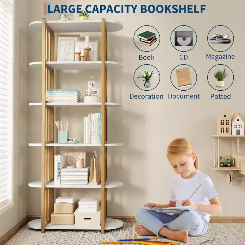 Étagère industrielle à 6 niveaux – Bibliothèque de 180 cm de haut avec cadre en métal et étagères en MDF, étagère de rangement autoportante pour salon, chambre, maison
