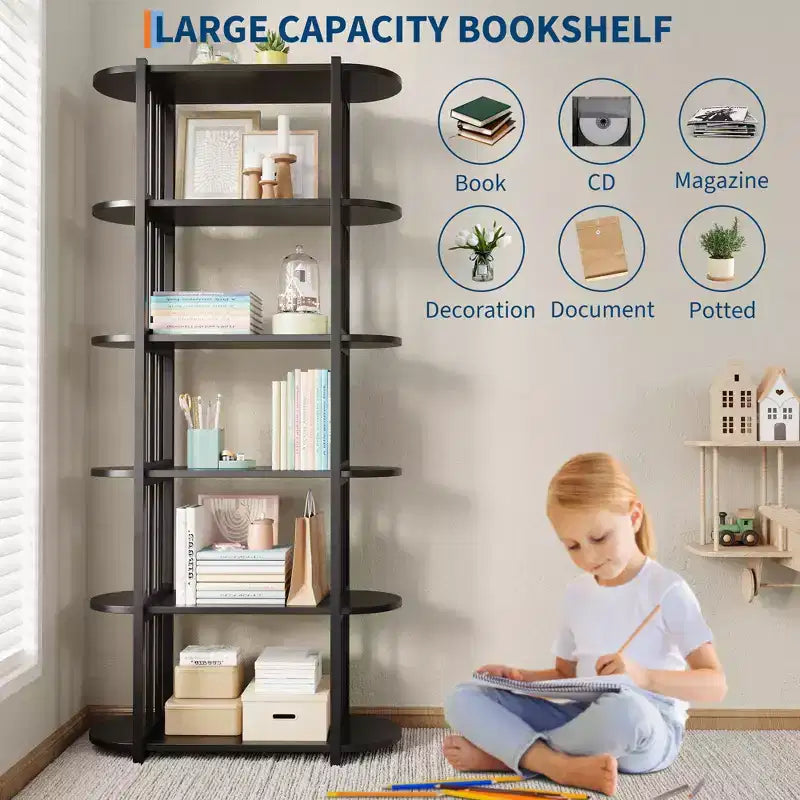 Étagère industrielle à 6 niveaux – Bibliothèque de 180 cm de haut avec cadre en métal et étagères en MDF, étagère de rangement autoportante pour salon, chambre, maison