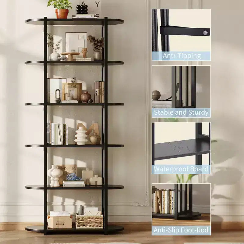 Étagère industrielle à 6 niveaux – Bibliothèque de 180 cm de haut avec cadre en métal et étagères en MDF, étagère de rangement autoportante pour salon, chambre, maison