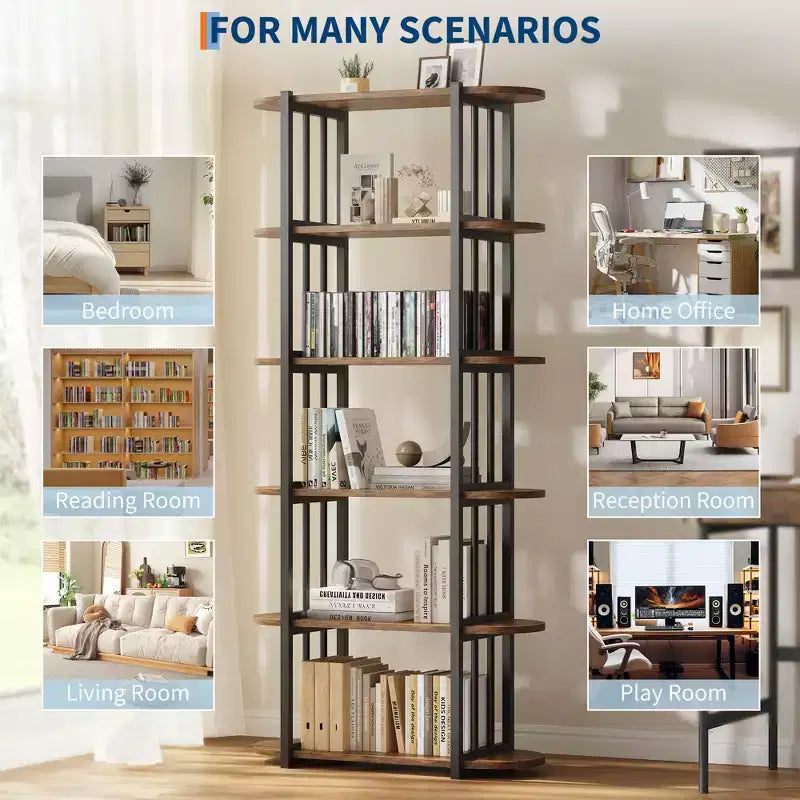 Étagère industrielle à 6 niveaux – Bibliothèque de 180 cm de haut avec cadre en métal et étagères en MDF, étagère de rangement autoportante pour salon, chambre, maison
