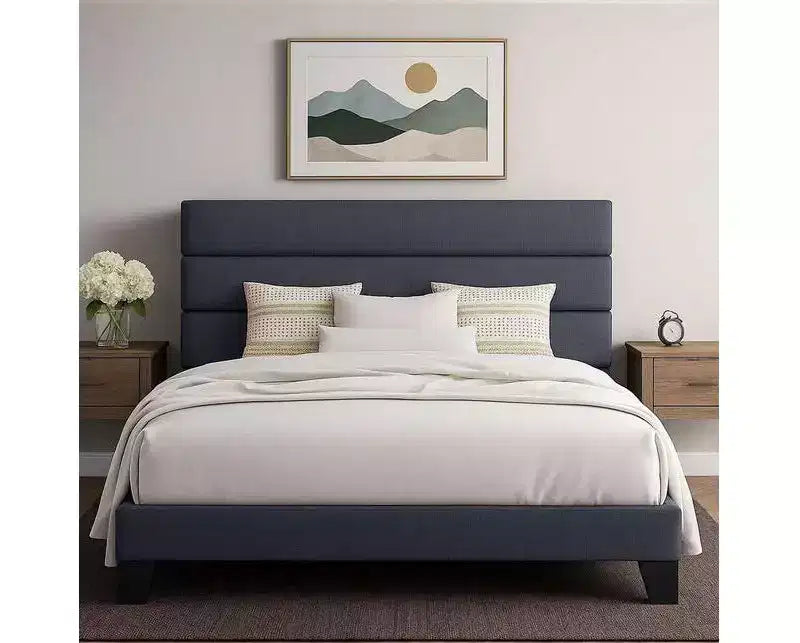 Bed Frame with Upholstered Headboard, Wooden Slats Support, Dark Grey Mattress Foundation