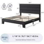 Cadre de lit avec tête de lit capitonnée, support à lattes en bois, base de matelas gris foncé