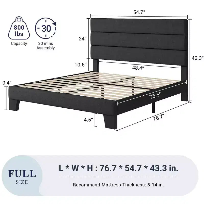Cadre de lit avec tête de lit capitonnée, support à lattes en bois, base de matelas gris foncé