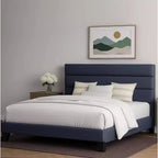 Cadre de lit avec tête de lit capitonnée, support à lattes en bois, base de matelas gris foncé