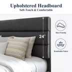 Cadre de lit avec tête de lit capitonnée, support à lattes en bois, base de matelas gris foncé