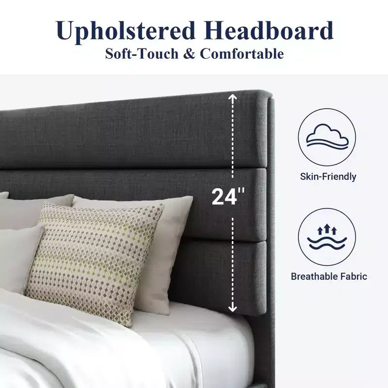 Cadre de lit avec tête de lit capitonnée, support à lattes en bois, base de matelas gris foncé