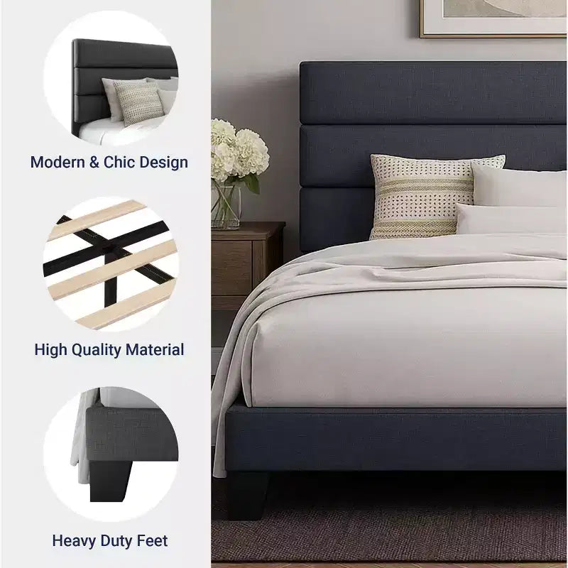 Cadre de lit avec tête de lit capitonnée, support à lattes en bois, base de matelas gris foncé
