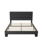 Cadre de lit avec tête de lit capitonnée, support à lattes en bois, base de matelas gris foncé