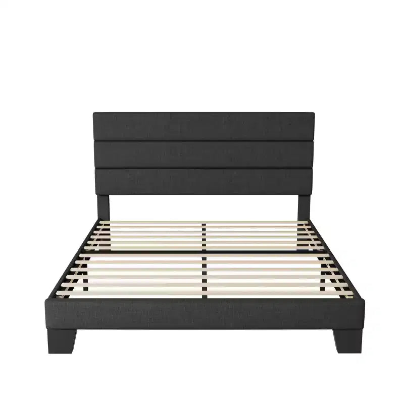 Cadre de lit avec tête de lit capitonnée, support à lattes en bois, base de matelas gris foncé