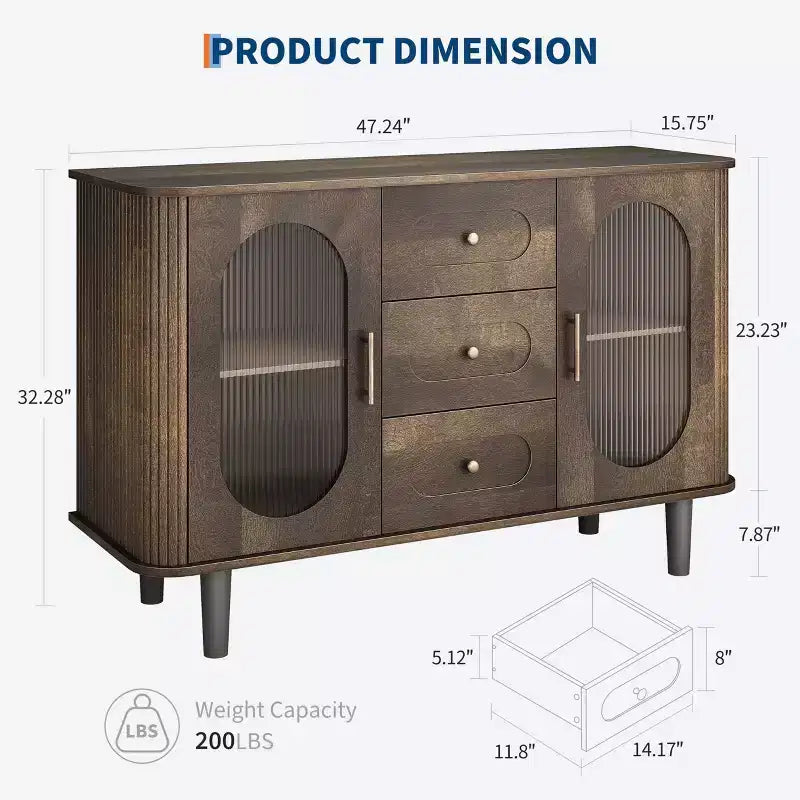GarveeHome Buffet de salle à manger 47 po avec 2 portes en verre cannelé et 3 tiroirs, meuble d'appoint de bar à café moderne de style ferme avec étagères réglables