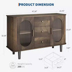 GarveeHome Buffet de salle à manger 47 po avec 2 portes en verre cannelé et 3 tiroirs, meuble d'appoint de bar à café moderne de style ferme avec étagères réglables