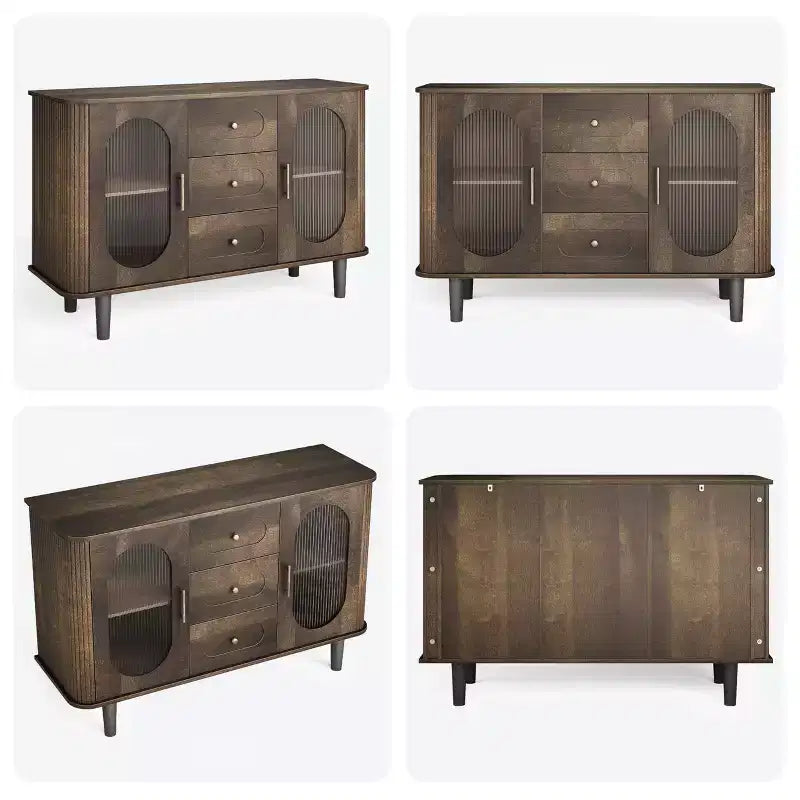 GarveeHome Buffet de salle à manger 47 po avec 2 portes en verre cannelé et 3 tiroirs, meuble d'appoint de bar à café moderne de style ferme avec étagères réglables