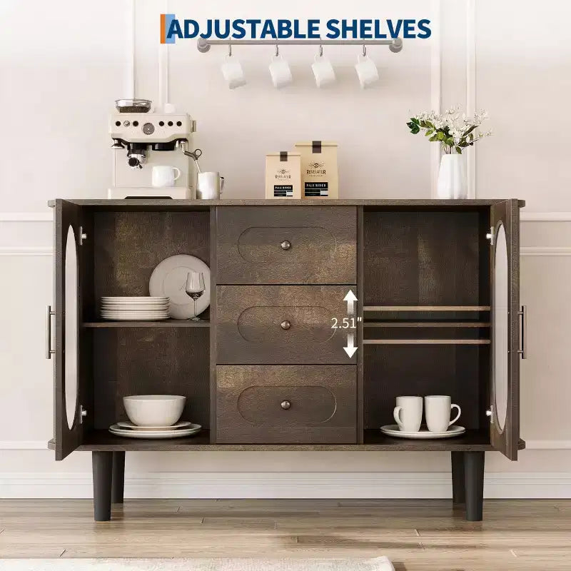 GarveeHome Buffet de salle à manger 47 po avec 2 portes en verre cannelé et 3 tiroirs, meuble d'appoint de bar à café moderne de style ferme avec étagères réglables