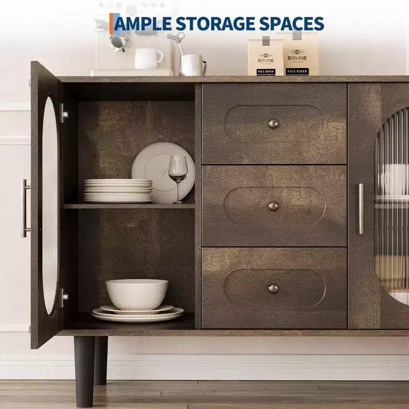 GarveeHome Buffet de salle à manger 47 po avec 2 portes en verre cannelé et 3 tiroirs, meuble d'appoint de bar à café moderne de style ferme avec étagères réglables