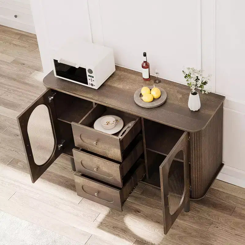 GarveeHome Buffet de salle à manger 47 po avec 2 portes en verre cannelé et 3 tiroirs, meuble d'appoint de bar à café moderne de style ferme avec étagères réglables