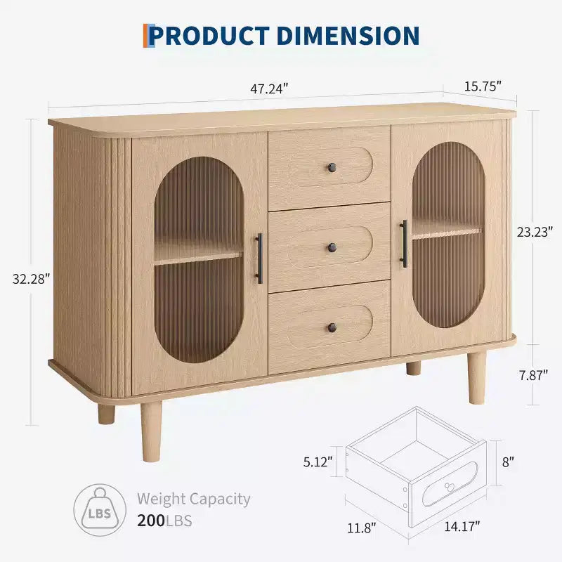 GarveeHome Buffet de salle à manger 47 po avec 2 portes en verre cannelé et 3 tiroirs, meuble d'appoint de bar à café moderne de style ferme avec étagères réglables