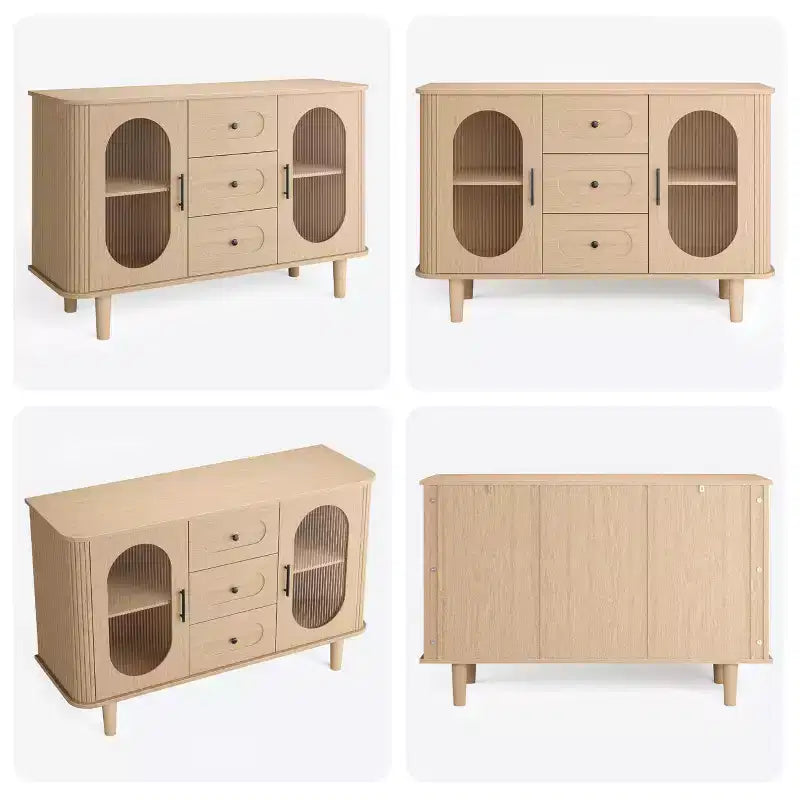 GarveeHome Buffet de salle à manger 47 po avec 2 portes en verre cannelé et 3 tiroirs, meuble d'appoint de bar à café moderne de style ferme avec étagères réglables