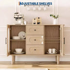 GarveeHome Buffet de salle à manger 47 po avec 2 portes en verre cannelé et 3 tiroirs, meuble d'appoint de bar à café moderne de style ferme avec étagères réglables
