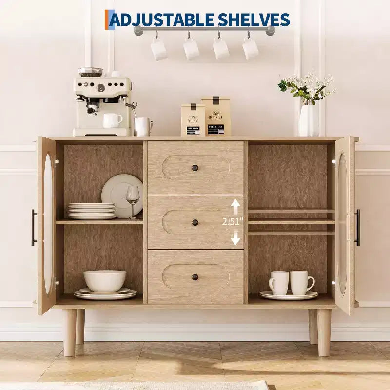 GarveeHome Buffet de salle à manger 47 po avec 2 portes en verre cannelé et 3 tiroirs, meuble d'appoint de bar à café moderne de style ferme avec étagères réglables