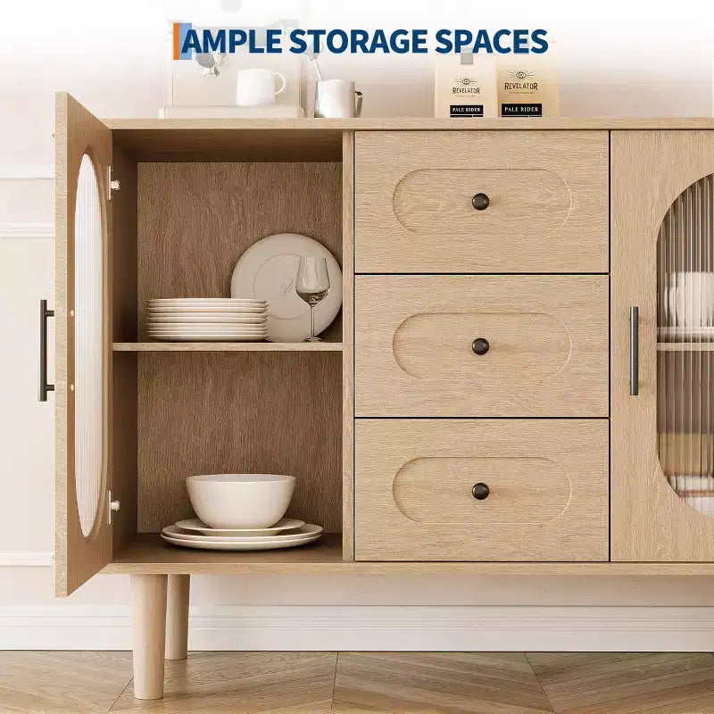 GarveeHome Buffet de salle à manger 47 po avec 2 portes en verre cannelé et 3 tiroirs, meuble d'appoint de bar à café moderne de style ferme avec étagères réglables