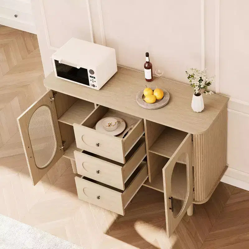 GarveeHome Buffet de salle à manger 47 po avec 2 portes en verre cannelé et 3 tiroirs, meuble d'appoint de bar à café moderne de style ferme avec étagères réglables