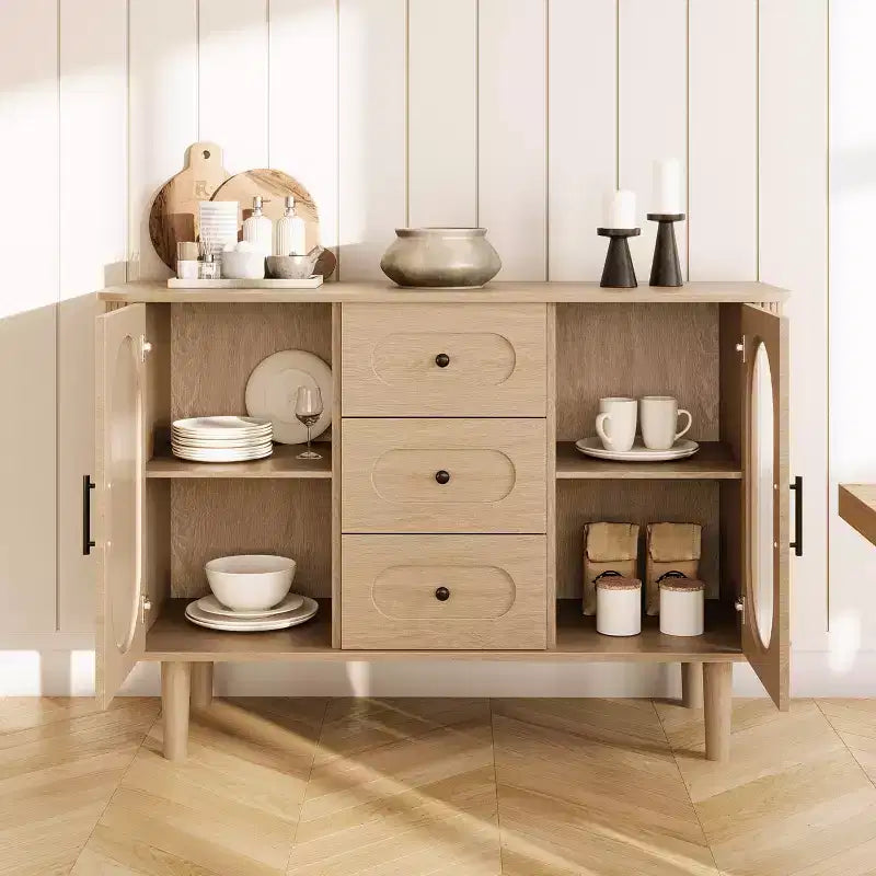 GarveeHome Buffet de salle à manger 47 po avec 2 portes en verre cannelé et 3 tiroirs, meuble d'appoint de bar à café moderne de style ferme avec étagères réglables