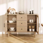GarveeHome Buffet de salle à manger 47 po avec 2 portes en verre cannelé et 3 tiroirs, meuble d'appoint de bar à café moderne de style ferme avec étagères réglables