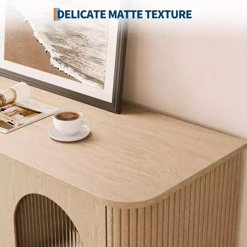 GarveeHome Buffet de salle à manger 47 po avec 2 portes en verre cannelé et 3 tiroirs, meuble d'appoint de bar à café moderne de style ferme avec étagères réglables