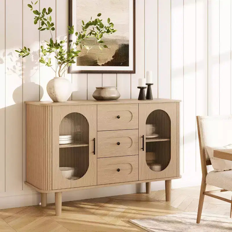 GarveeHome 47 Sideboard Buffet Cabinet with 2 Fluted Glass Doors & 3 Drawers, Modern Farmhouse Accent Coffee Bar with Adjustable Shelves