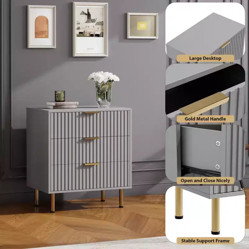 Commode à 3 tiroirs pour chambre à coucher, table de chevet moderne cannelée avec tiroirs profonds, commode avec plateau large, organisateur de commode en bois, table d'appoint.