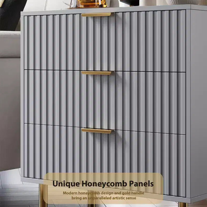 Commode à 3 tiroirs pour chambre à coucher, table de chevet moderne cannelée avec tiroirs profonds, commode avec plateau large, organisateur de commode en bois, table d'appoint.