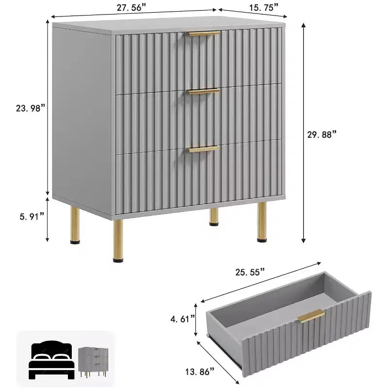Commode à 3 tiroirs pour chambre à coucher, table de chevet moderne cannelée avec tiroirs profonds, commode avec plateau large, organisateur de commode en bois, table d'appoint.