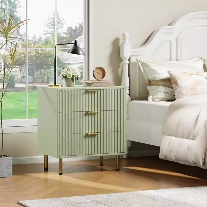 Commode à 3 tiroirs pour chambre à coucher, table de chevet moderne cannelée avec tiroirs profonds, commode avec plateau large, organisateur de commode en bois, table d'appoint.