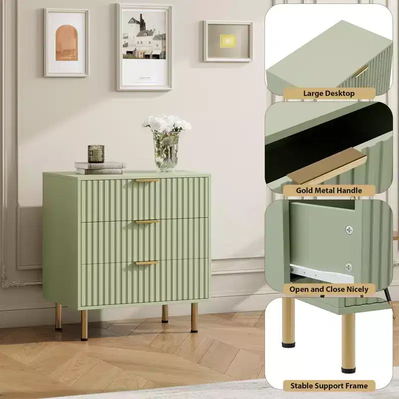 Commode à 3 tiroirs pour chambre à coucher, table de chevet moderne cannelée avec tiroirs profonds, commode avec plateau large, organisateur de commode en bois, table d'appoint.