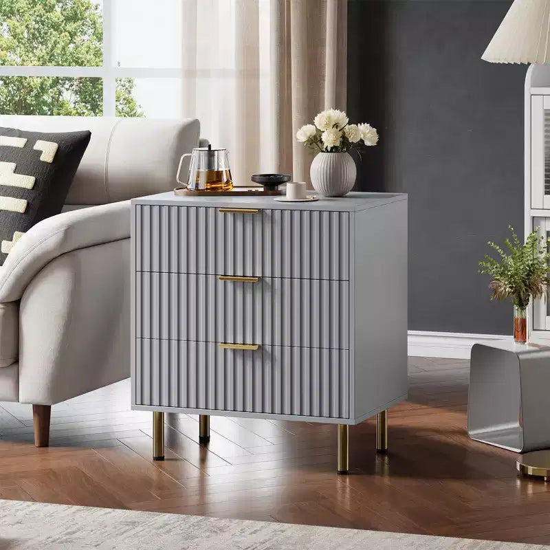 Commode à 3 tiroirs pour chambre à coucher, table de chevet moderne cannelée avec tiroirs profonds, commode avec plateau large, organisateur de commode en bois, table d'appoint.