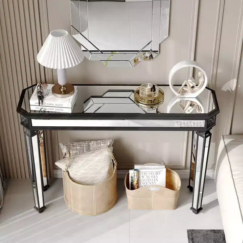 Table console vintage Okak 48IN avec sculpture en grain de bois, table d'appoint avec surface miroir, table de couloir pour salon, entrée