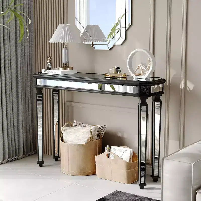 Table console vintage Okak 48IN avec sculpture en grain de bois, table d'appoint avec surface miroir, table de couloir pour salon, entrée